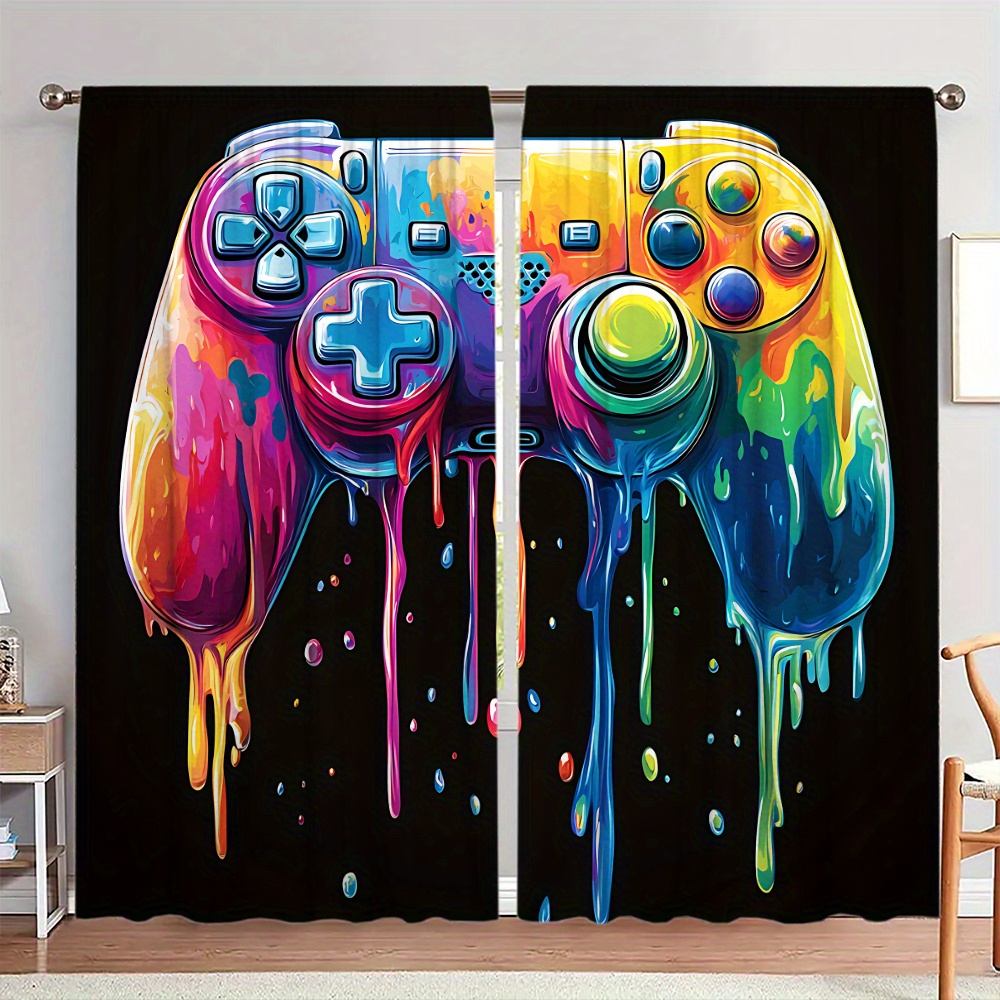 Retro Gaming Youtube - ผ้าม่านลายเกมย้อนยุค ผ้าม่านป๊อปอาร์ต พื้นหลังสีดำ ตกแต่งห้องแนวเนิร์ด วัฒนธรรมป๊อป ผ้าม่านลายวิดีโอเกมแบบนามธรรม