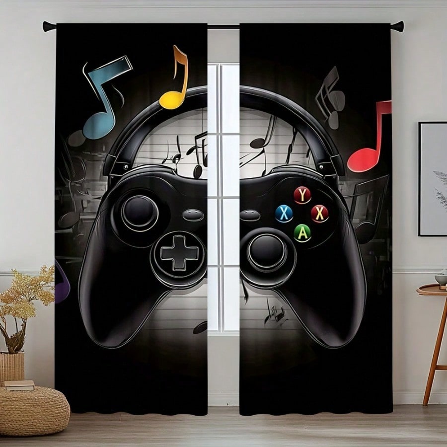Retro Gaming Youtube - ผ้าม่านห้องเกมมิ่งสไตล์เรโทร 2 ชิ้น สีดำและสีเทา ลายหูฟังและจอยเกม ผ้าโพลีเอสเตอร์กึ่งโปร่งแสง
